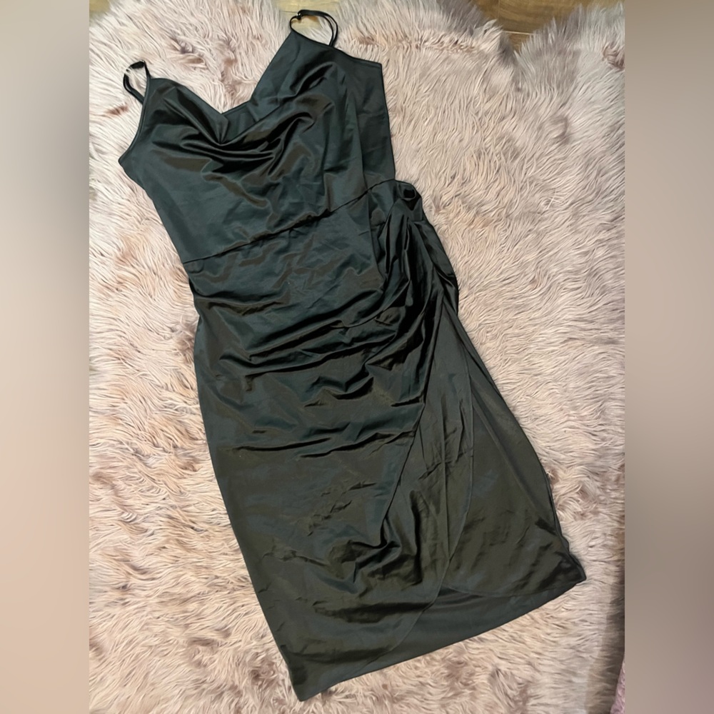 Elegant Black Satin Cami Dress w Cowl Neck and Faux Wrap Style - Picture 2 of 7